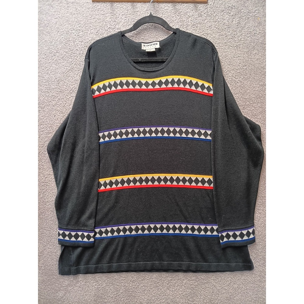 Vintage 90s Joan Leslie Woman Sweater 2X Geometric Stripe Knit Pullover Draped